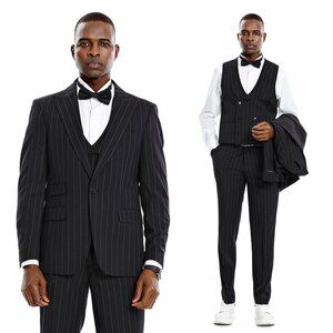 Men's Pinstriped 3-Piece Suit w/ Double Breasted Vest, Midnight Black